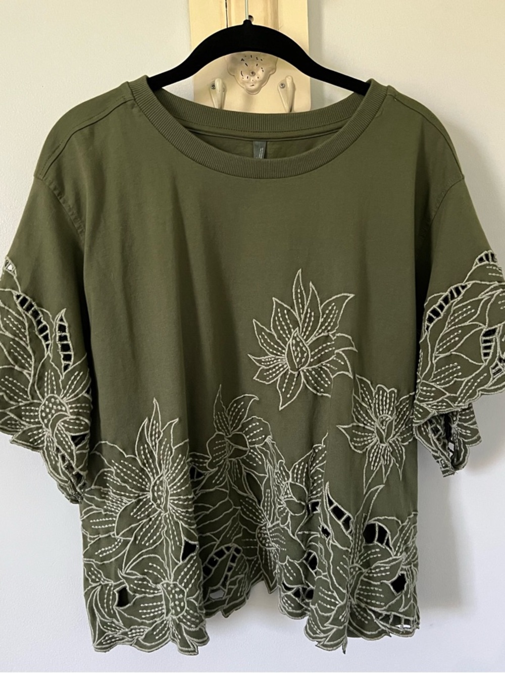 Anthropologie Olive Green Embroidered Cutwork Short Sleeve Top - Picture 2 of 8
